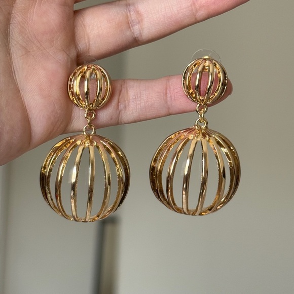 Gold Spherical Drop Earrings - Picture 3 of 8